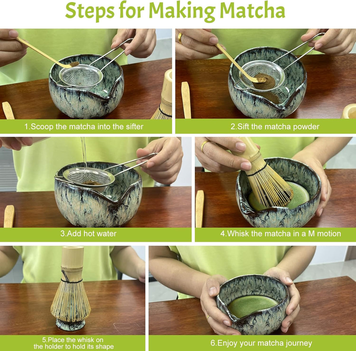 Matcha Whisk Set,6Pcs Matcha Kit Includes Matcha Whisk and Holder,Matcha Bowl with Spout,Matcha Sifter and 2Pcs Matcha Spoon,Suitable as a gift for those who like matcha (Quenching Blue)
