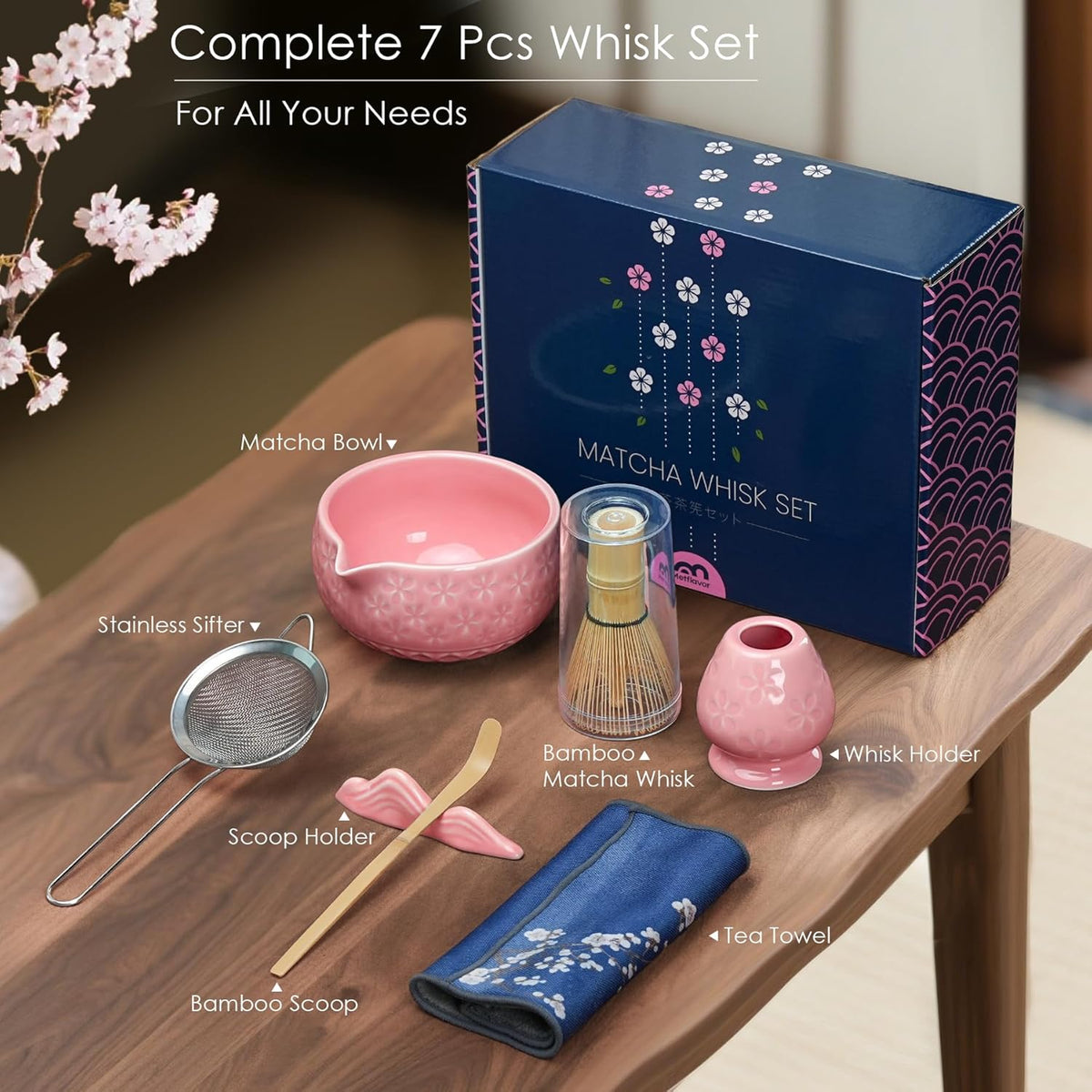 7Pcs Matcha Whisk Set, Ceramic Matcha Bowl with Spout, Bamboo Whisk and Holder, Bamboo Scoop, Scoop Rest, Sifter and Tea Towel, Matcha Kit with Cherry Blossom Carved Patterns for Matcha Lovers (Pink)