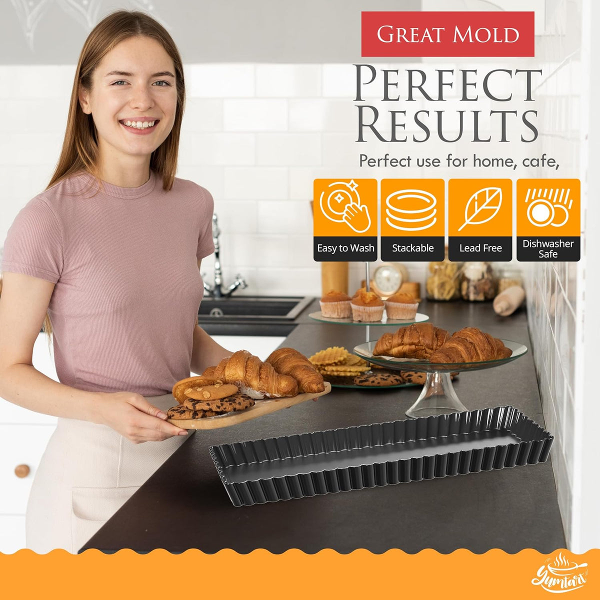 14 Inch Rectangular Tart Pan with Removable Bottom - Non-Stick, Deep Fluted for Tarts, Quiches, and Pies