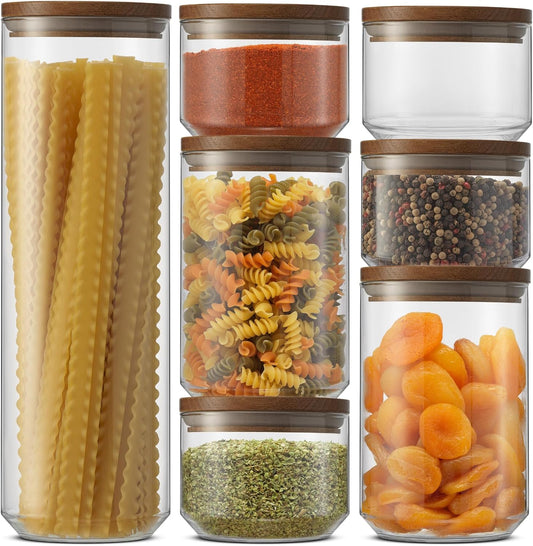 JoyJolt Holden 7-Piece Stackable Glass Storage Containers with Lids, Airtight Food Canister Set with Acacia Wood Lids, Round Stacking Pantry and Kitchen Containers for Pasta, Flour, Sugar, Coffee