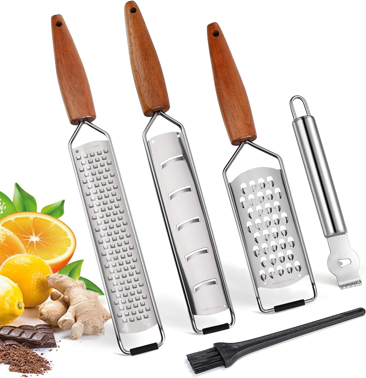ALLWIN-HOUSEWARE Cheese Grater Zester Set of 5, 304 Stainless Steel with Acacia Wood Handle Kitchen Grater & Peeler & Slicer for Cheese, Lemon, Ginger, Garlic, Nutmeg, Fruits, Vegetables, Chocolate