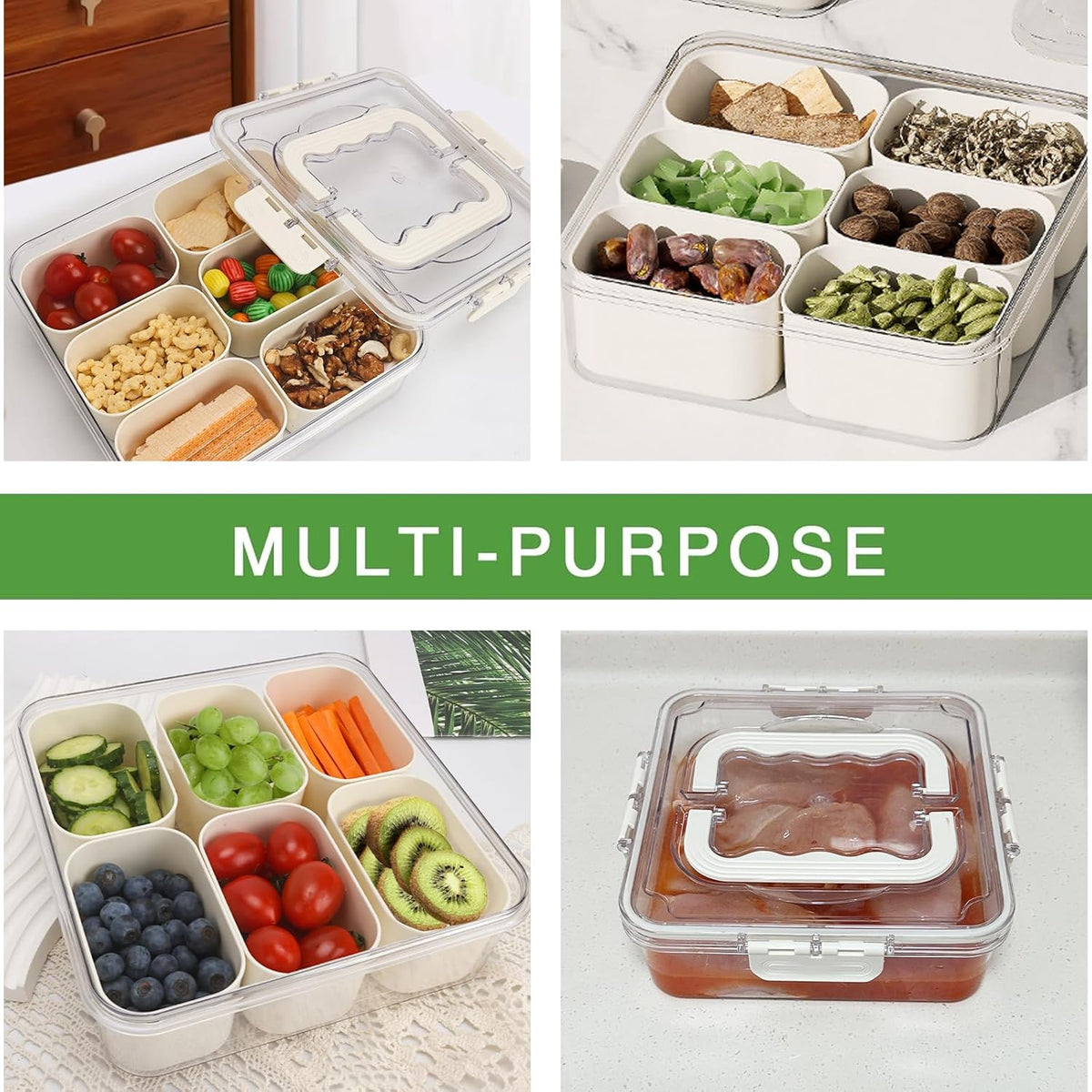 Divided Serving Tray with Lid and Handle, Portable Snack Box Container, 6 Compartments Veggie Fruit Snackle Tray, Charcuterie Platter Container for Party, Nuts, Snacks, Picnic,2 Pack, SMALL SIZE