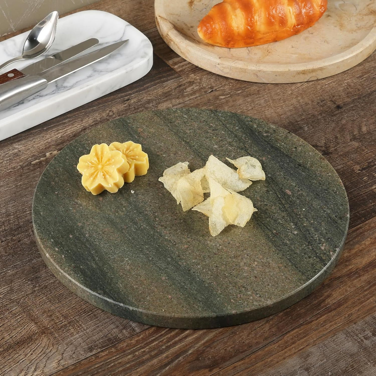 Koville Brazilian Natural Marble Cutting Board for Kitchen, 11" Round Hand Crafted Marble Slab for Cheese, Charcuterie, Pastry Board - Wedding Gift, House Warming Gift(WILD WEST GREEN)