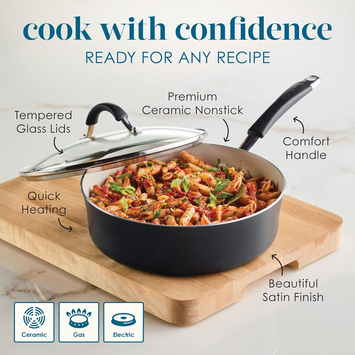 Rachael Ray Cucina Ceramic Nonstick Saute Pan with Lid, 3 Quart Non Stick Sauteuse Pan, Dishwasher Safe - Peppercorn