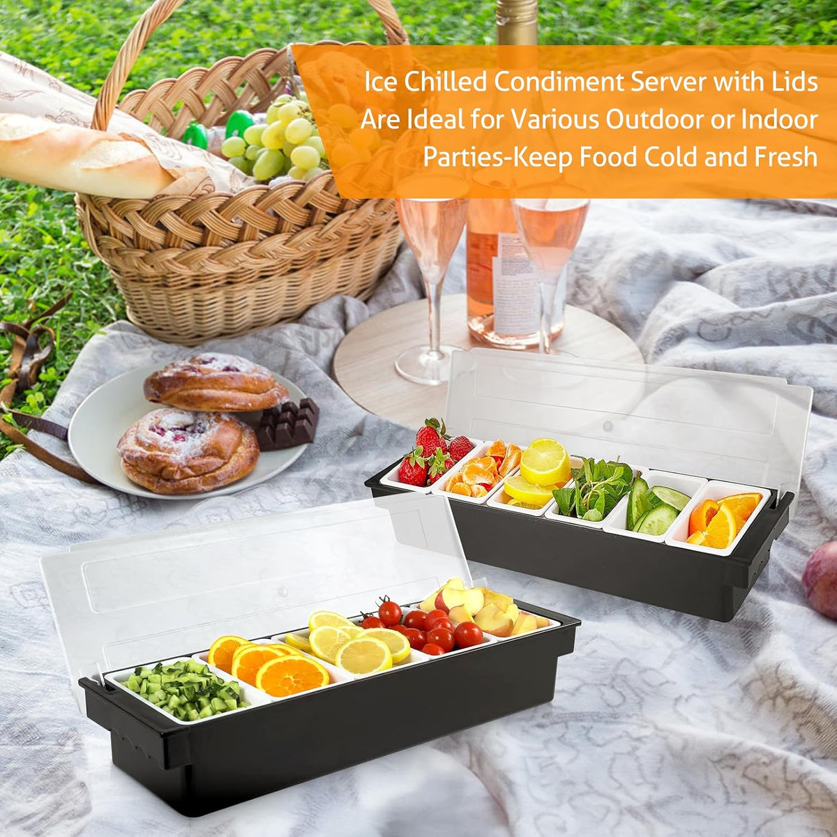 WICHEMI Fruit, Veggie & Condiment Caddy with Lid Dispenser Tray Plastic Garnish Station for Bartending & Serving Taco, Ice Cream, Salad Bar - Topping Organizer for Restaurant Supplies (5 Compartment)