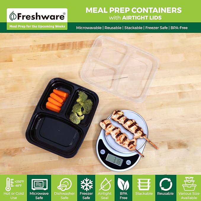 Freshware Meal Prep Containers [25 Pack] 3 Compartment with Lids, Food Storage Containers, Bento Box, Stackable, Microwave/Dishwasher Safe (32 oz)