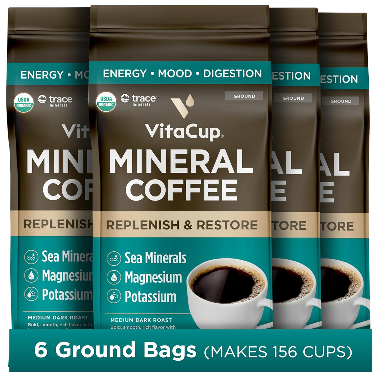 VitaCup Mineral Coffee with Trace Minerals, Hydrate, Replenish & Restore w/All Natural Sea Minerals, Electrolytes, Organic, Single Origin, Medium Dark Roast, Ground Coffee, 6 Bags 10oz Each