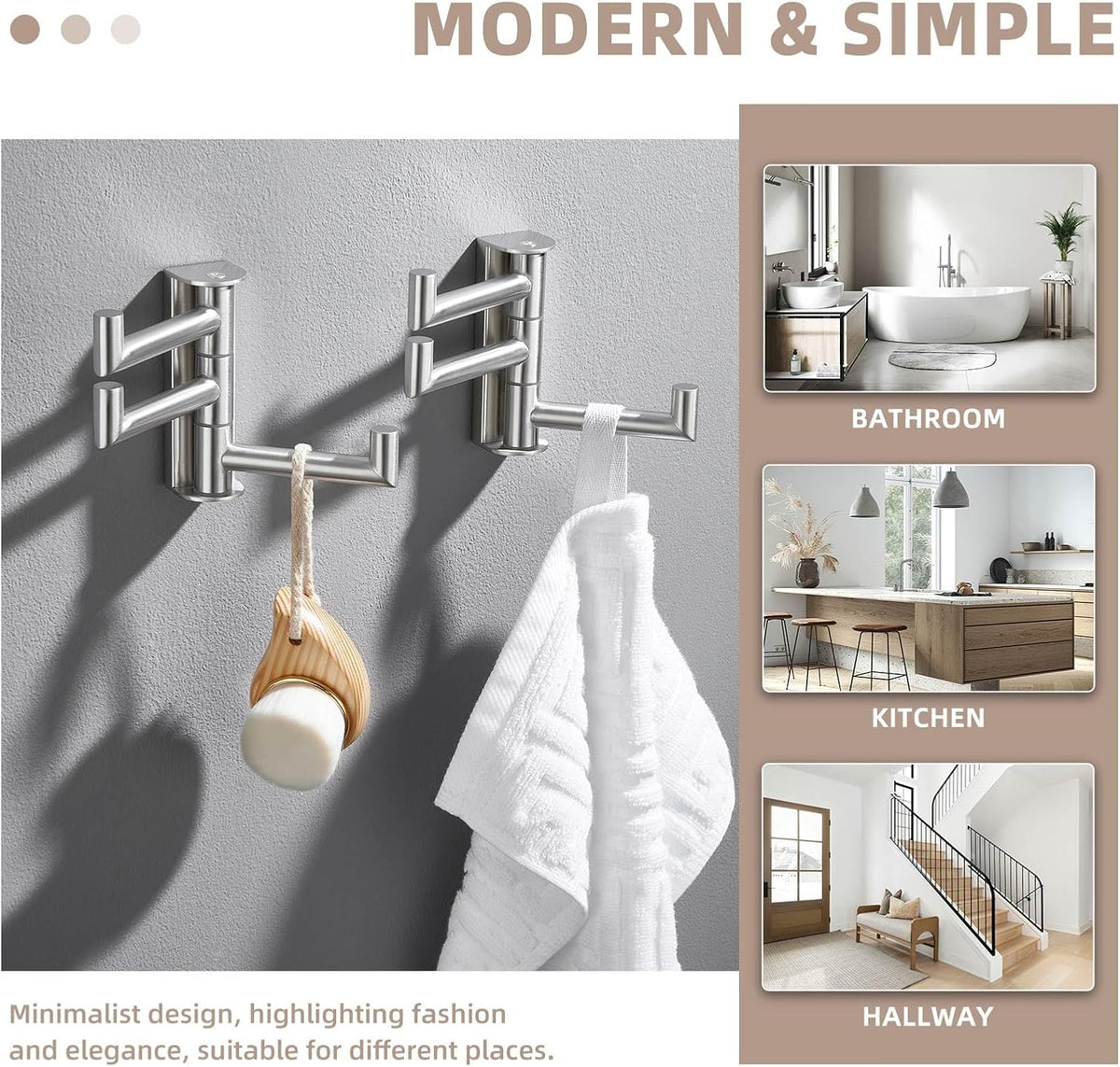 Suyar Towel Hook for Bathroom, SUS 304 Stainless Steel Swivel Robe Holder with 3 Arms, Wall Hook Brushed Nickel, 2 Pack