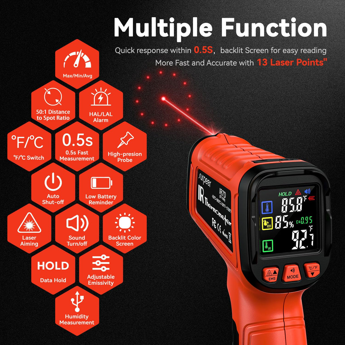 -58°F to 2732°F Infrared Thermometer IR Laser Gun 50:1, Digital Temperature Gun/K-Type Probe -4°F~932°F, Humidity Sensor, High-Temp Pyrometer for Kiln, Forge, Furnace, Industrial Use