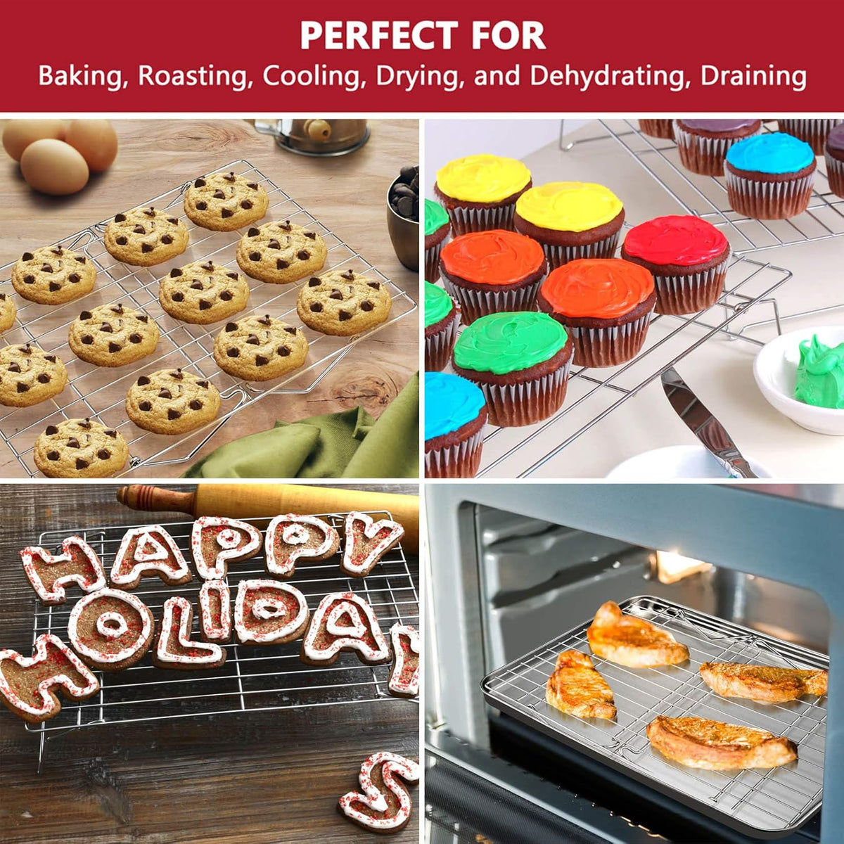 P&P CHEF 3-Tier Cooling Rack Set, Stackable Stainless Steel Baking Cooling Roasting Cooking Racks for Cake, Pastry, Bread, Meat, Bacon, Collapsible & Thick Wire, Oven Safe, 15" x10", Silver