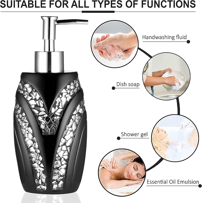 Zahari Home 4pc Sinatra Stylish Bathroom Accessories Set Black Soap Dispenser/Lotion Pump, Tumbler, Tooth Brush Holder and Soap Dish Modern Luxury Decor Bling Mosaic Glass Black Bathroom Accessories
