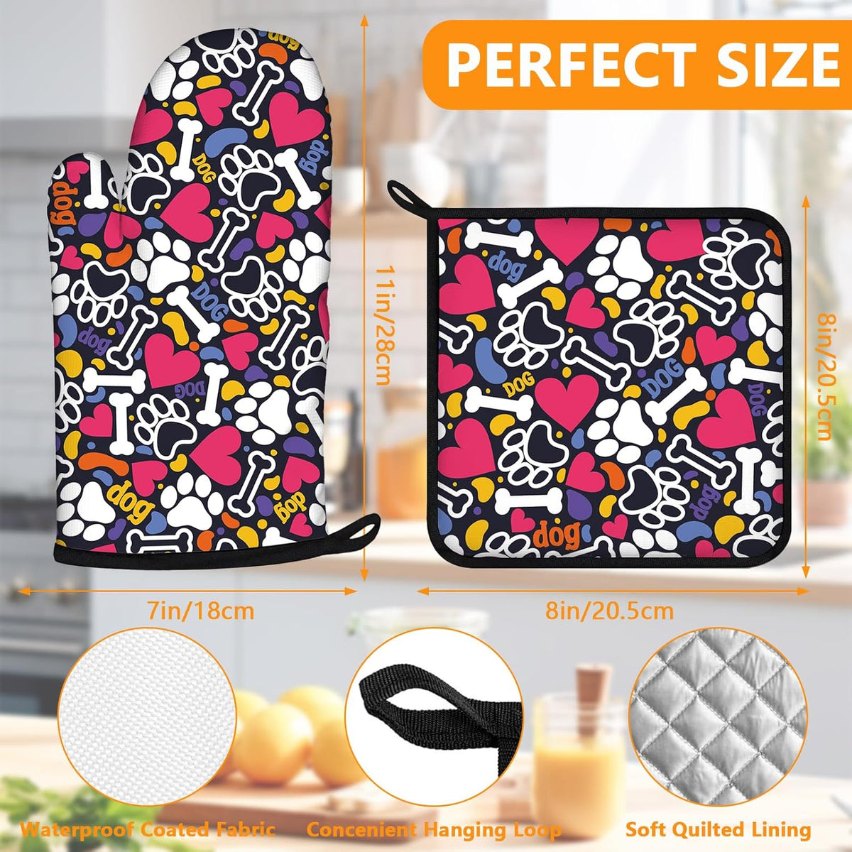 Paw Prints Oven Mitts and Pot Holders Sets 4Pcs,Extra Long Oven Gloves Potholder for Kitchen Cooking Baking BBQ 100% Cotton Heat Resistant