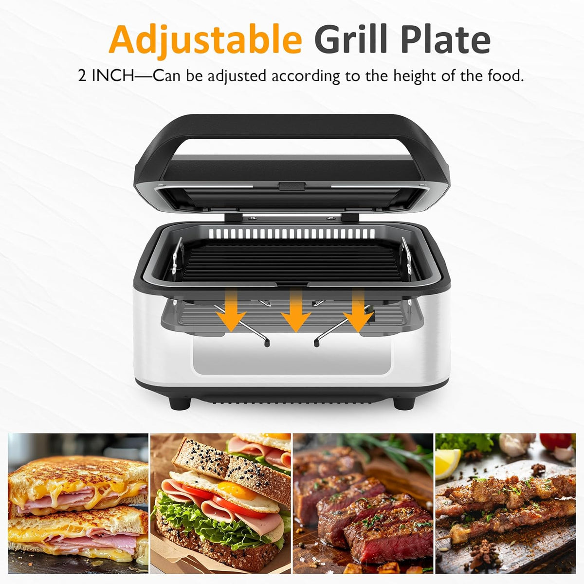 Sunvivi 1300W Smokeless Indoor Grill, Electric Panini Press Sandwich Maker with Auto-Lift, Fan, Independent Upper Heating, Smart Time & Temperature Control, Removable Non-Stick Plates