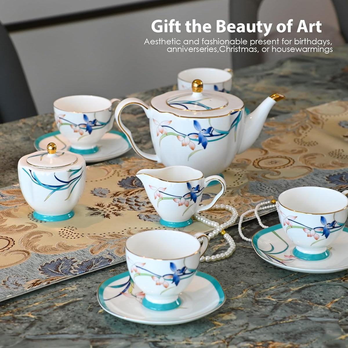ACMLIFE Tea Cups and Saucers for 1, Bone China Teacup Set for Adults with Gold Trim and Gift Box, Blue and White Chinese English British Wedding Tea Set for One Coffee Cup Set 6.8 oz (Blue-Bamboo)