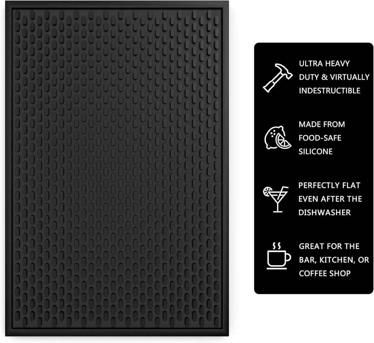 Silicone Drip Mat - 1/2 Inch Thick, Heat-Resistant and Food Safe - Counter Top, Coffee Bar or Restaurant - Drying Mat for Glasses - 18x12 Inches