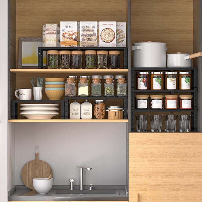 Expandable,Adjustable & Stackable Spice Rack, Cabinet Kitchen Countertop Shelf Organizer,Metal Pantry Storage Shelves - Space-Saving Storage Solution(2Packs/Black/Large)