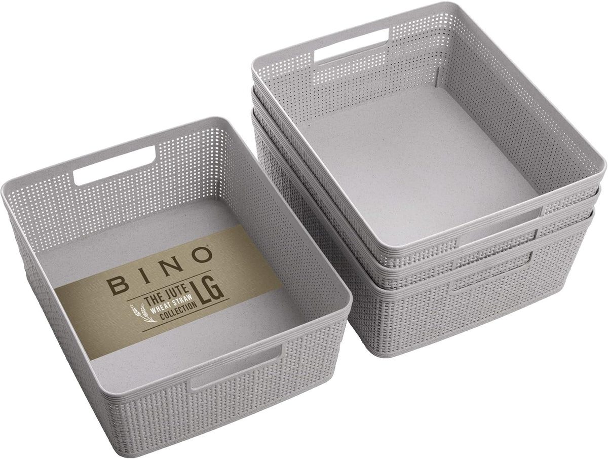 BINO | Woven Plastic Basket | Small (Natural Grey), 4-Pack | THE JUTE COLLECTION | Home Organization, Space - Saving Storage, Stylish Design | Jute Basket | Plastic Storage Basket