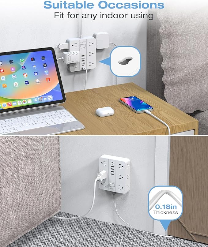 10FT Surge Protector Power Strip,12 AC Outlets with 6 USB Ports (2 USB-C), Flat Plug Extension Cord with Multiple Outlets, Wall Mount for Home Office,Dorm,White