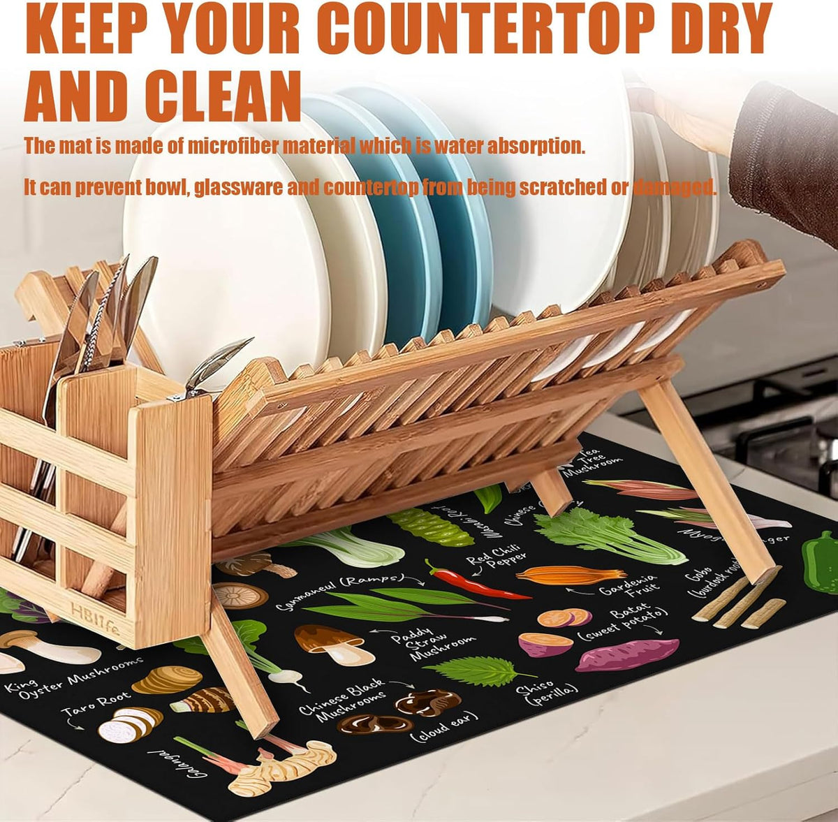 Vegetables Dish Drying Mat for Kitchen Counter Microfiber Absorbent Dish Kitchen Drying Mat Draining Reusable Washable for Dishes/Utensils/Counterto