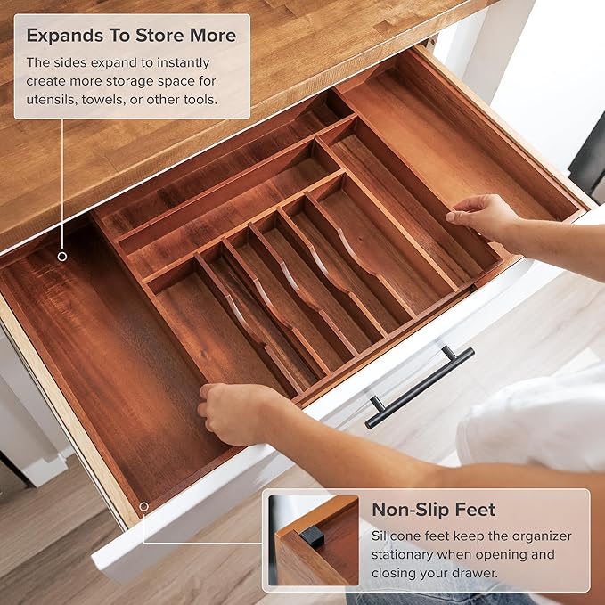 Premium Silverware, Flatware and Utensil Organizer for Kitchen Drawers, Food-Safe Contract Grade, Expandable from 18 to 33 In, Natural Acacia