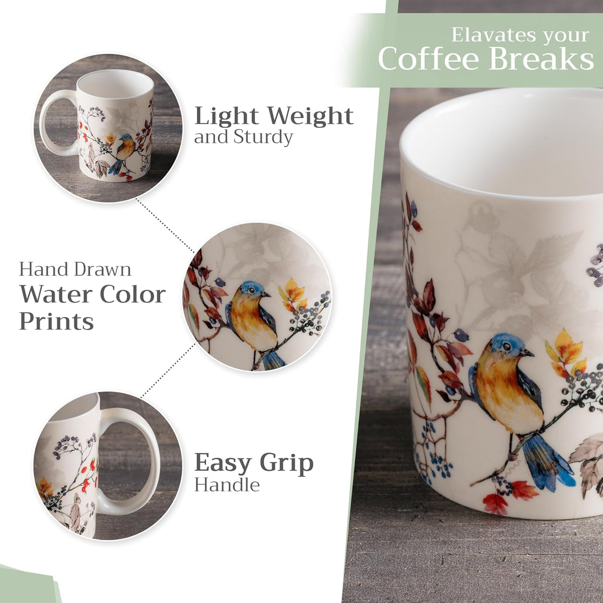 Maison d' Hermine Coffee Mug with Handles Fine Bone China Mugs Pack of One Tea Cups for Hot Beverages Cappuccino Latte Home Restaurant Office Perfect for Gift (Equinoxe - Beige Sparrows, 15 Ounce)