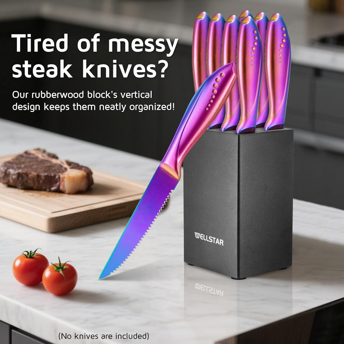 WELLSTAR 5-Inch Steak Knife Holder Only– Wooden Knife Block with 8 Slots (No Knives Included) – Compact, Space-Saving Design for 5" Steak Knives – Sturdy Wood Storage Organizer