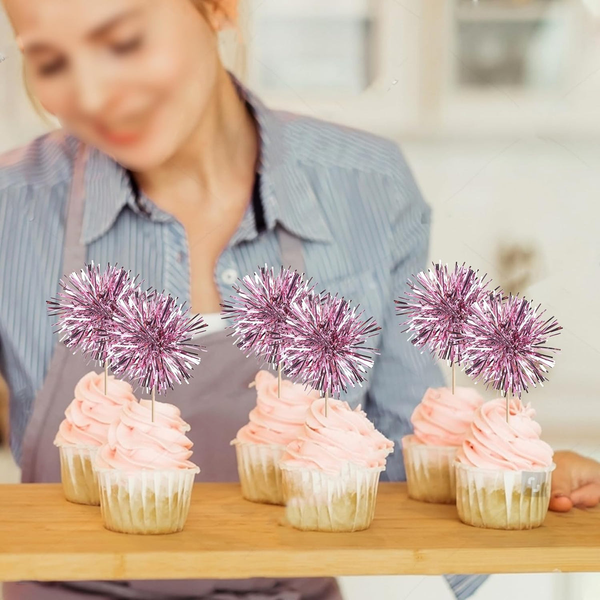 40 PCS Foil Firework Cupcake Toppers Sparkle Tinsel Cupcakae Picks Sparkler Fireworks Party Decorations Cocktail Fruit Toothpick for Birthday Wedding Graduation Party Decorations Supplies Pink