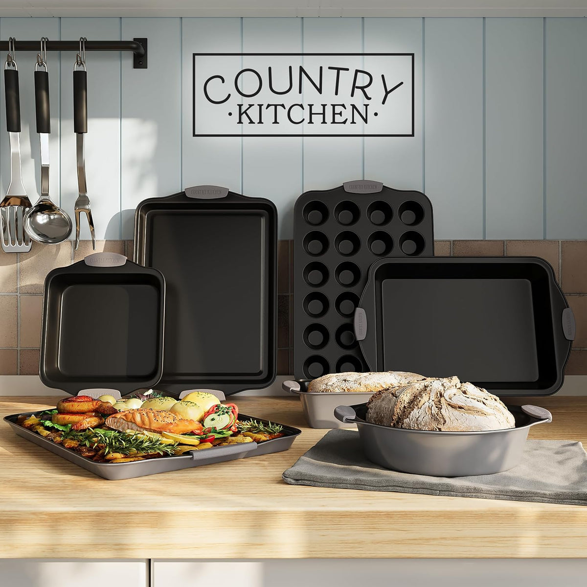 Country Kitchen Nonstick Stackable Bakeware Set - Heavy Duty, Durable, Easy Release Baking Set, Grey, 10 Pcs