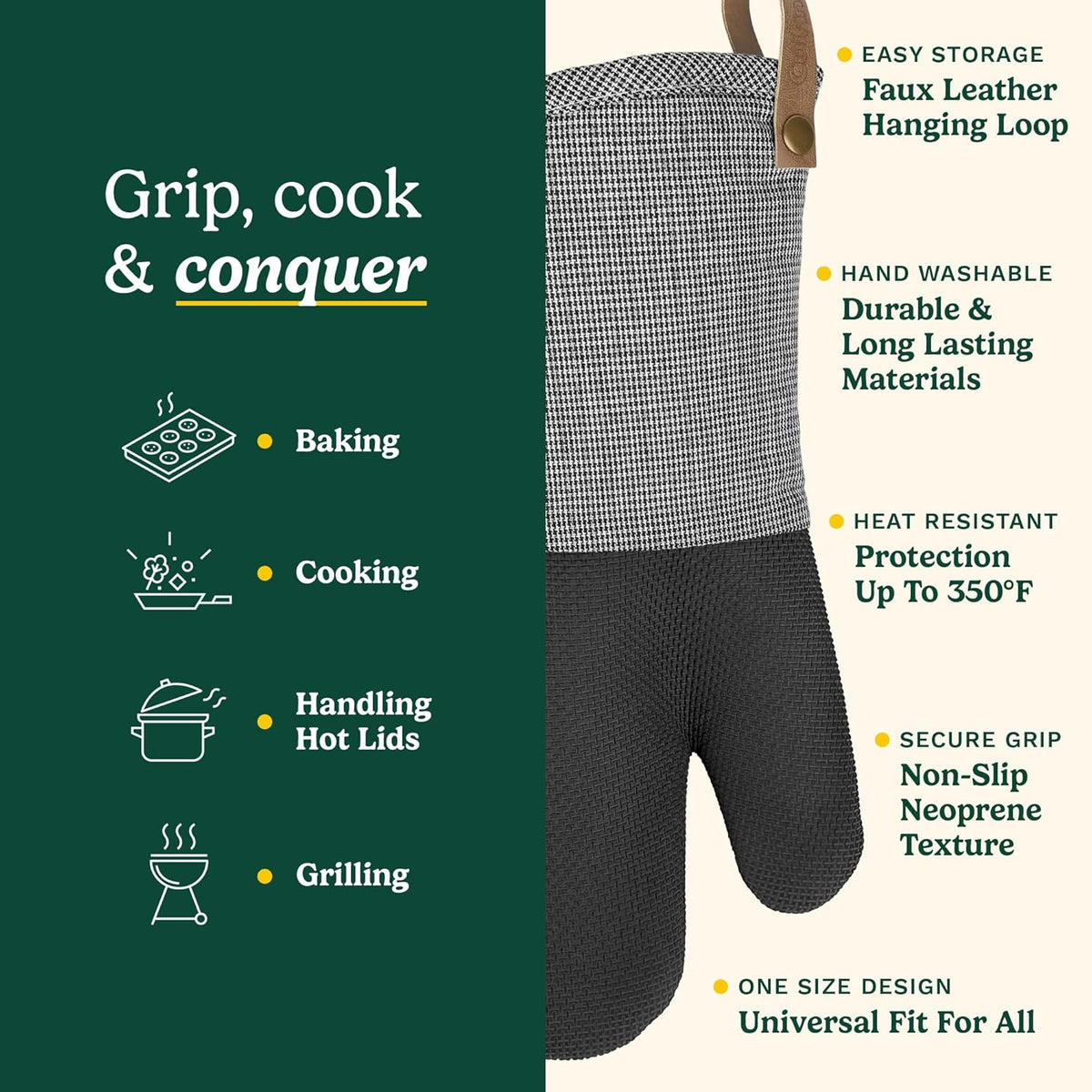 Cuisinart Heritage Kitchen Oven Mitts – Heat-Resistant Kitchen Mitts for Oven with Non-Slip Neoprene Palm, Long Cuff, and Cotton Filling – Durable Oven Gloves for Cooking, Baking, & Grilling