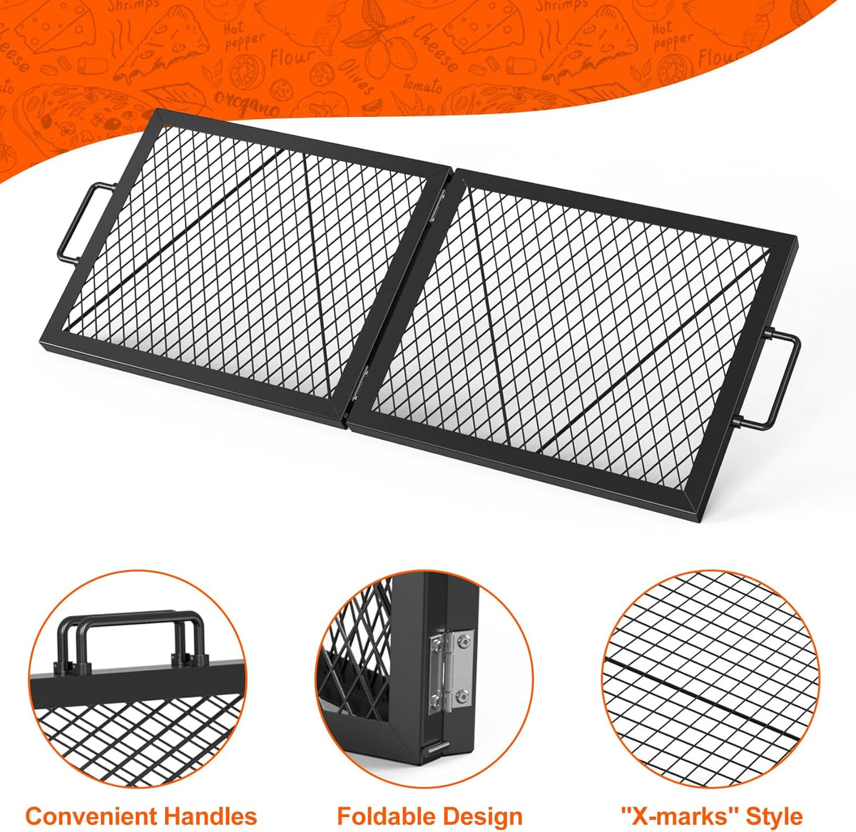 Onlyfire Foldable X-Marks Fire Pit Cooking Grate, Portable Rectangle Campfire Grill Grate with Handles, Heavy Duty Steel Campfire BBQ Grill for Outdoor, 44 inch