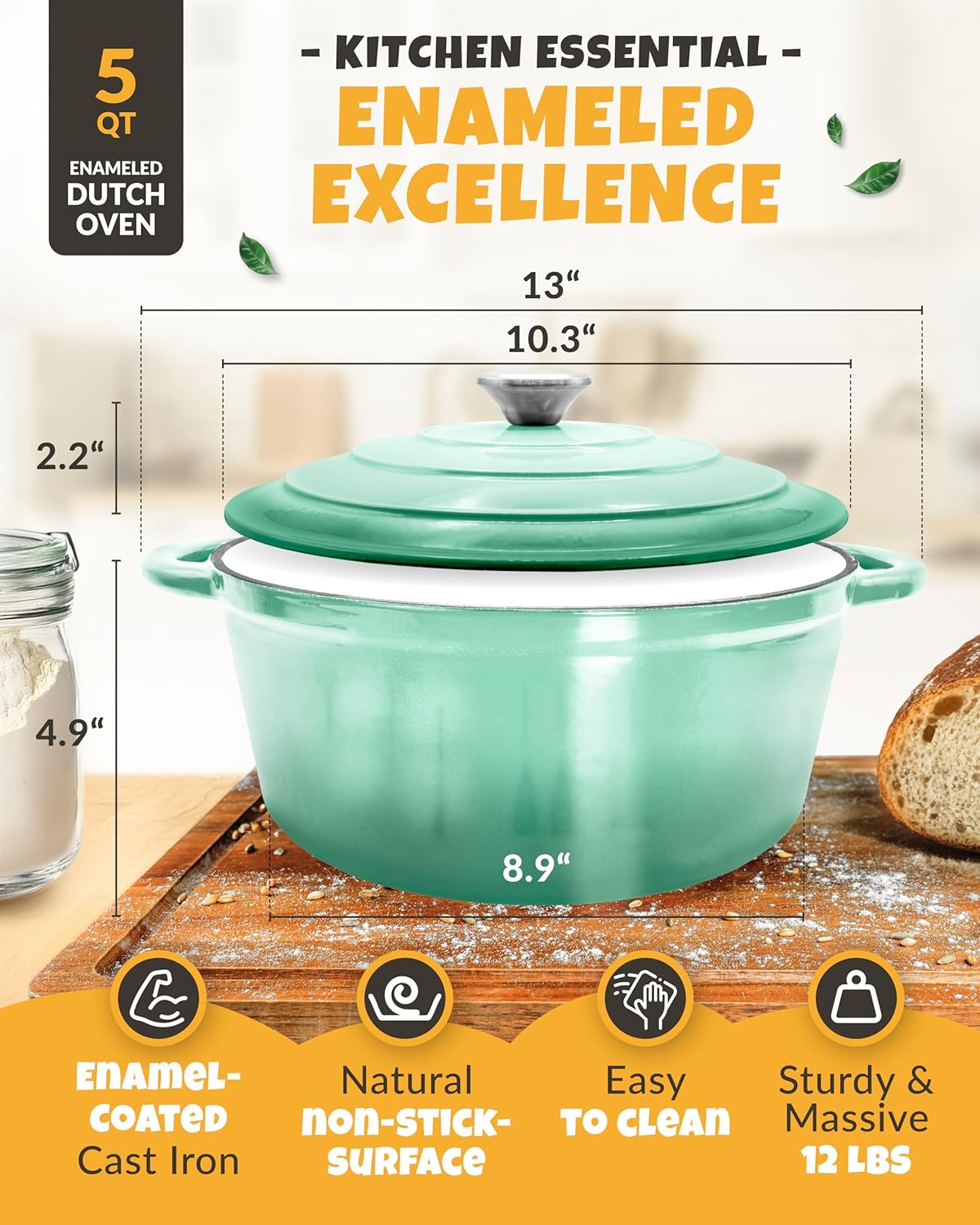 Dutch Oven for Bread Baking - incl. Sourdough Bread-Baking Supplies like Banneton Bread-Proofing Basket - 5QT Enameled Cast Iron Bread-Oven with Lid, Baking Pan, Scoring Tool Lame