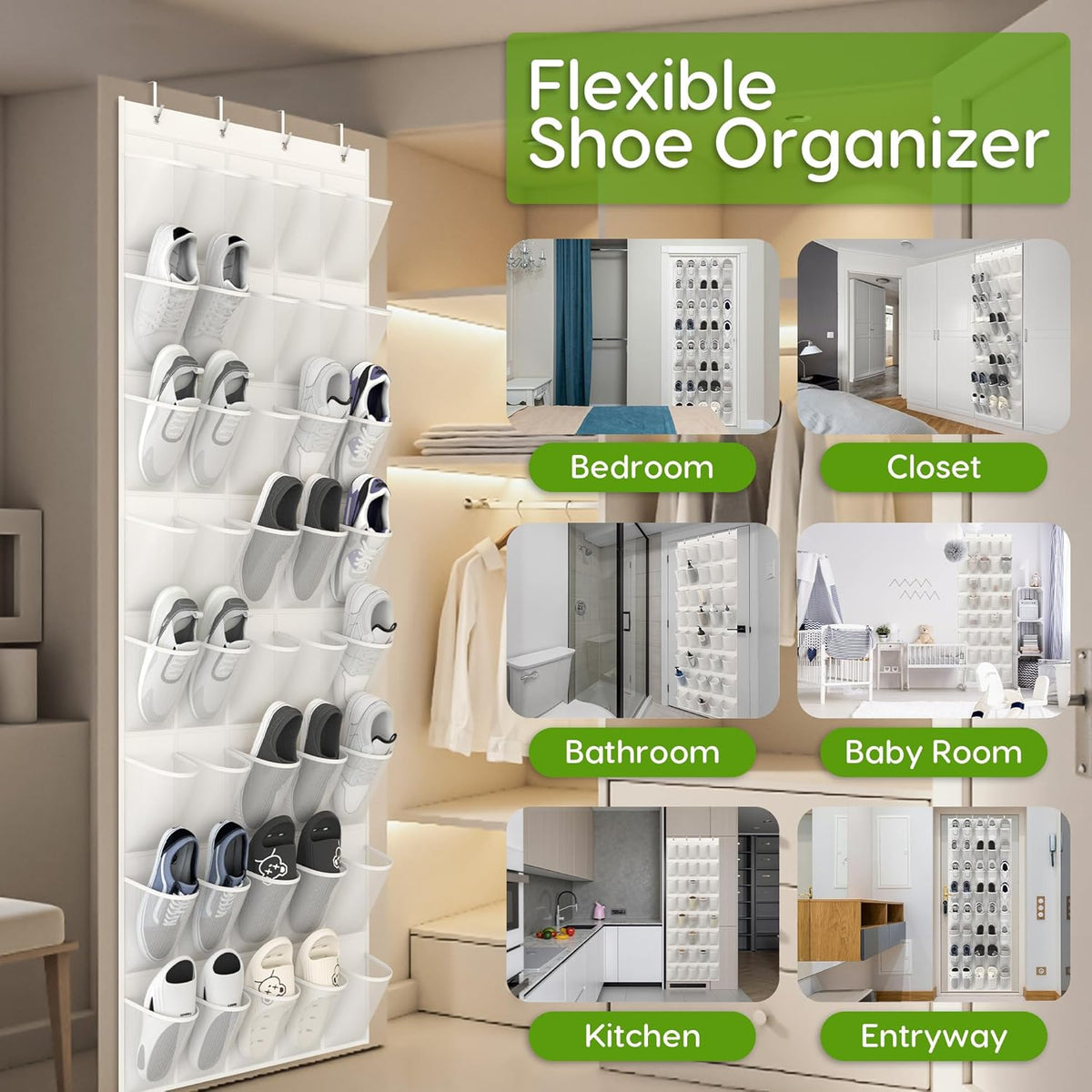 Unjumbly Over the Door Shoe Organizer with 40 Large Breathable Mesh Pockets, Space Saving Shoe Holder, Hanging Shoe Rack for Entryway Bedroom Closet Storage (White, 40 Pockets)