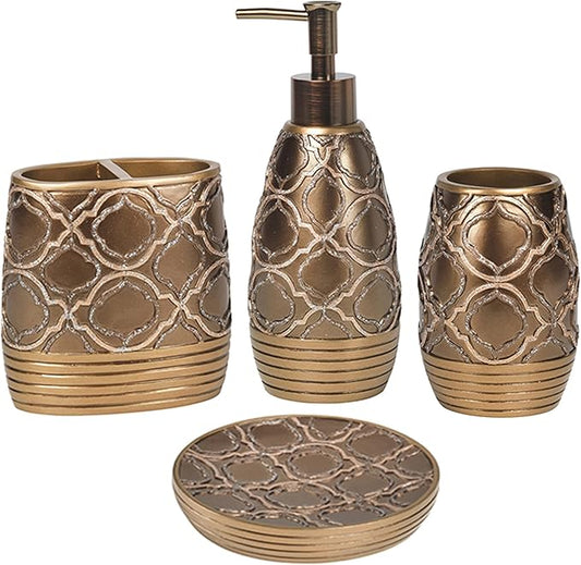 Zahari Home 4pc Spindle Stylish Bathroom Accessories Set Bathroom Soap Dispenser, Tumbler, Tooth Brush Holder and Soap Dish Modern Classic Luxury Contemporary Decor Unique Design Modern Bath Set