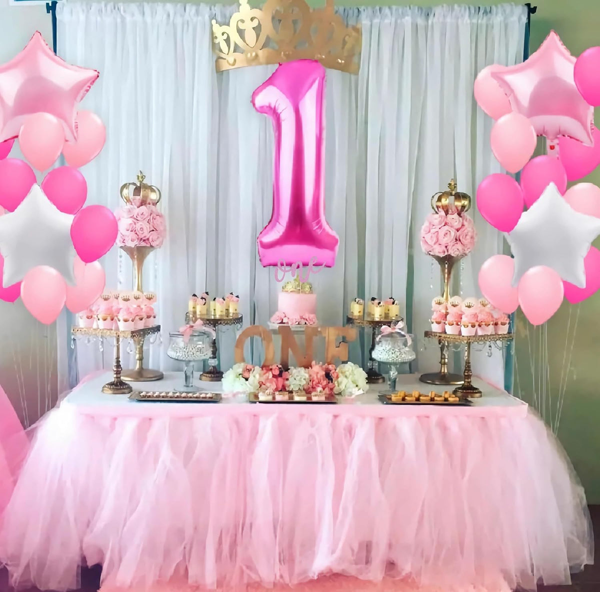 First Birthday Cake Topper - Pink Glitter One Cake Decorating Supplies for Girls and Boys, Perfect for Baby Shower/Gender Revealing Party/Baby Party Photo Booth Props