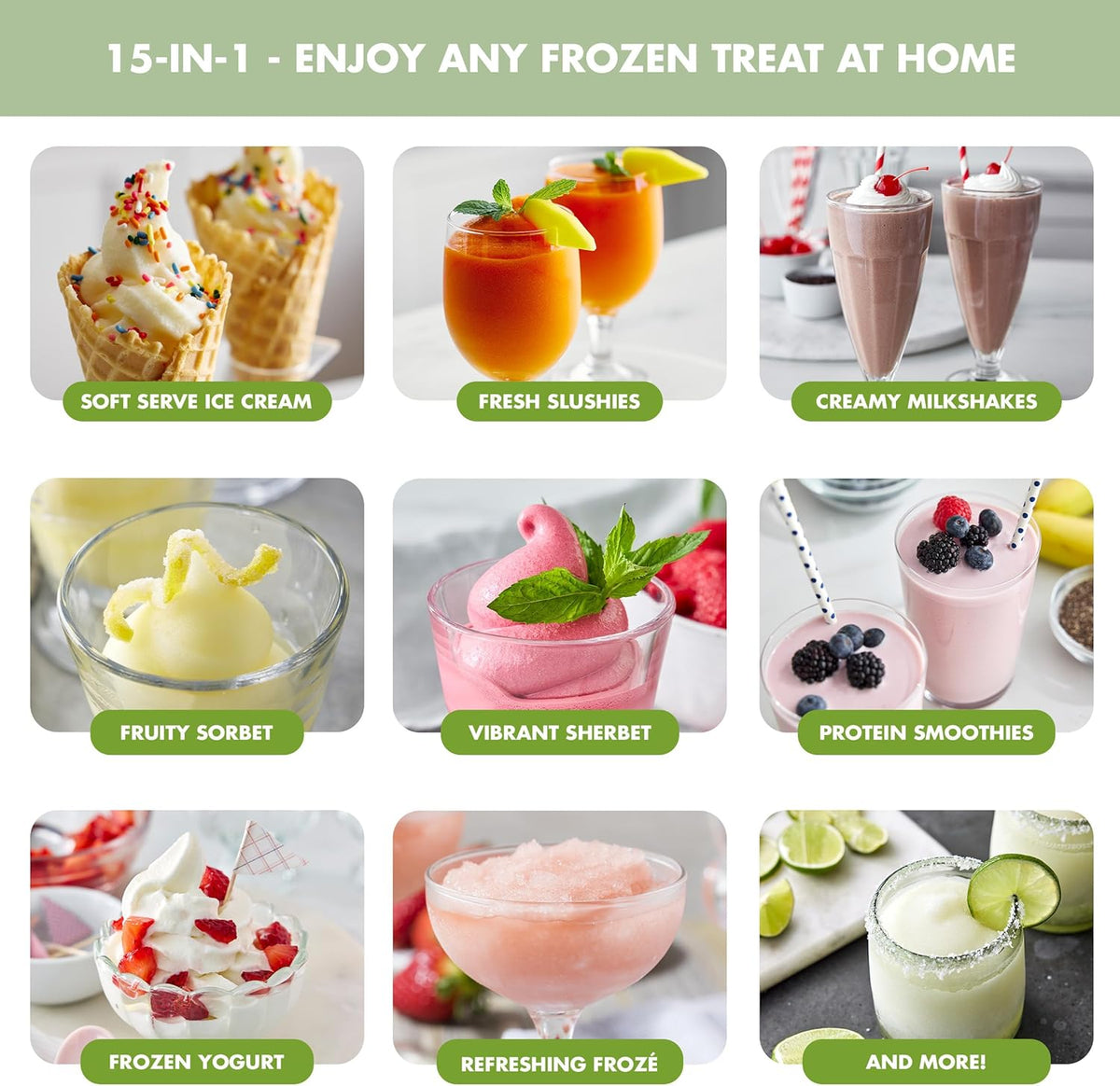 GreenPan Frost Ice Cream Machine & Frozen Drink Maker, Soft Serve, Slushie, Sorbet, Milkshakes & Cocktails, No Freezer Needed, 7 Textures, Quiet & Rapid, Easy Clean, Family Size, Pistachio Sage