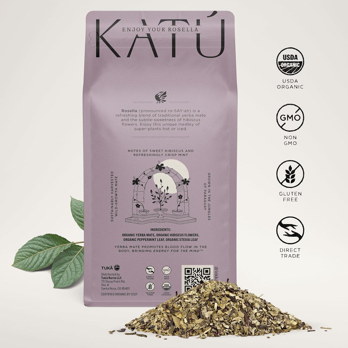 Katú Rosella Premium Organic Loose-Leaf Yerba Mate Tea with Hibiscus, Peppermint, and Stevia Leaves, Vibrant Floral Twist, Natural Energy, 17.6 oz (500g)