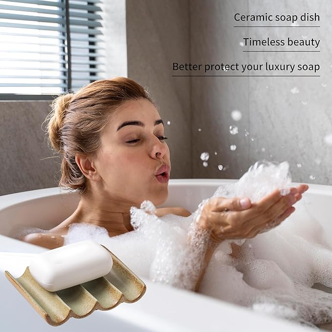 Soap Dish with Drainage, Ceramic Soap Bar Holder Tray for Shower Decorative Square Soap Saver for Bathroom Sink, Kitchen and Countertop White, Retro Green 1 Pcs