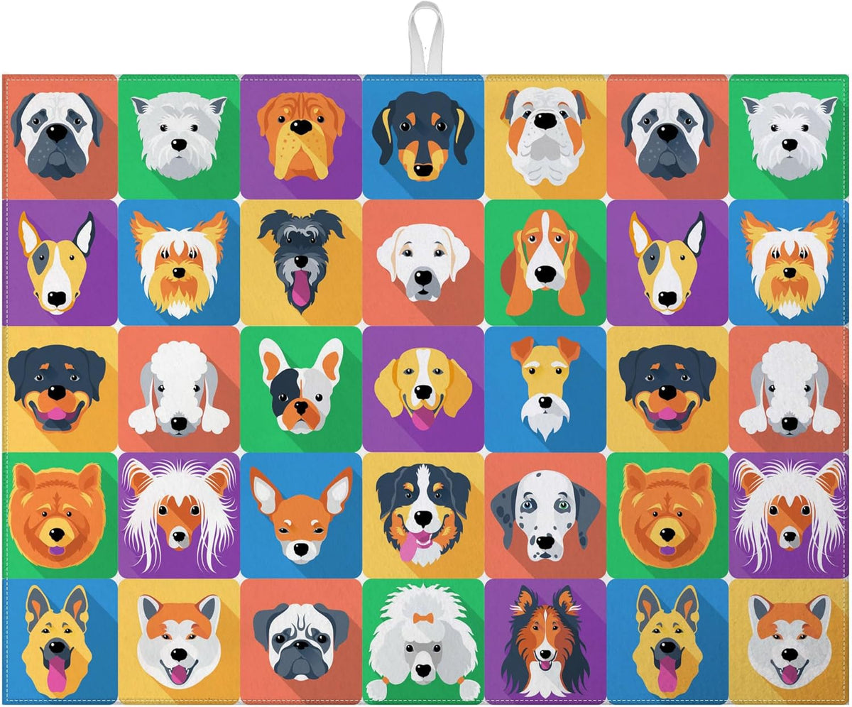 Cute Dogs Dish Drying Mat for Kitchen Counter Microfiber Absorbent Dish Kitchen Drying Mat Draining Reusable Washable for Dishes/Utensils/Counterto