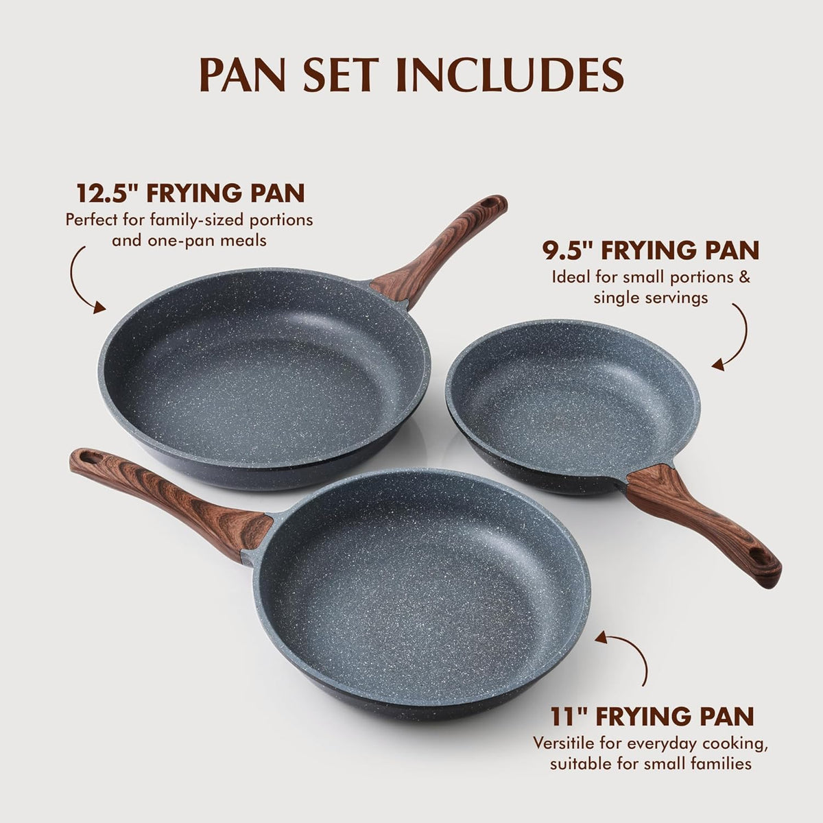 SENSARTE Nonstick Frying Pan Skillets, Swiss Granite Coating Omelette Pans, Healthy Cookware Chef's Pan, Free of Intentionally Added PFOA (9.5+11+12.5 Inch)