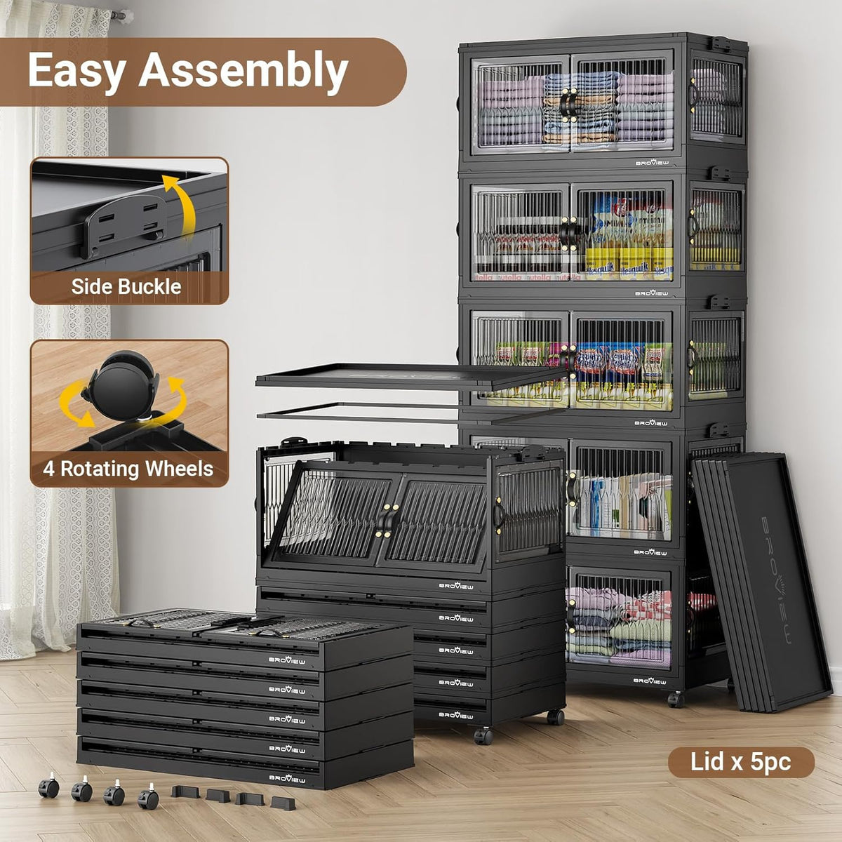 360QT Large Stackable Storage Bins with Lids, Plastic Closet Organizer and Storage Drawer, Collapsible Storage Box with Wheels, Folding Storage Cabinet with Doors for Home Kitchen, 3Pack Black