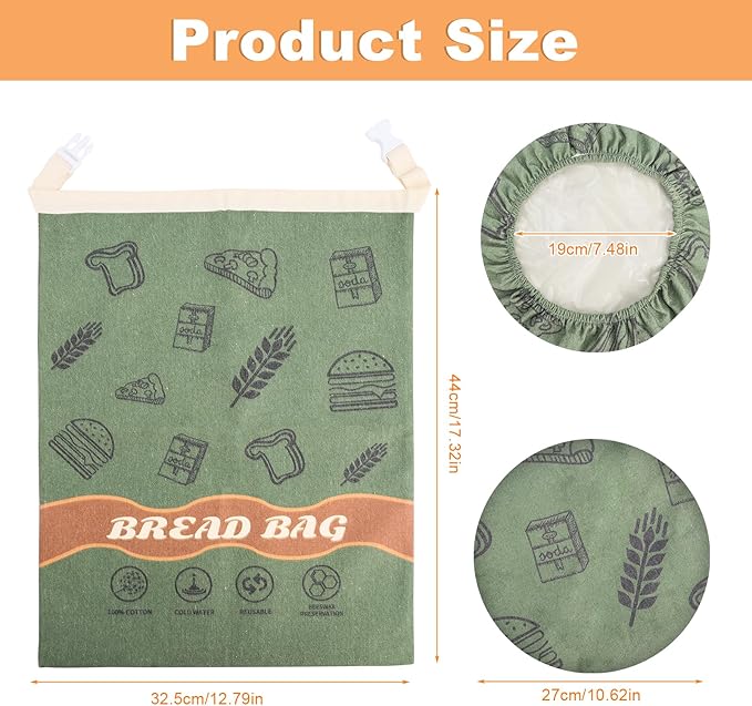 2 Pack Beeswax Bread Bags with 10'' Reusable Bowl Covers for Homemade Bread, Extra Large Reusable Beeswax Bags Set for Storage Sourdough,Large Capacity Breads Storage Bag to Keep Fresh (Green)