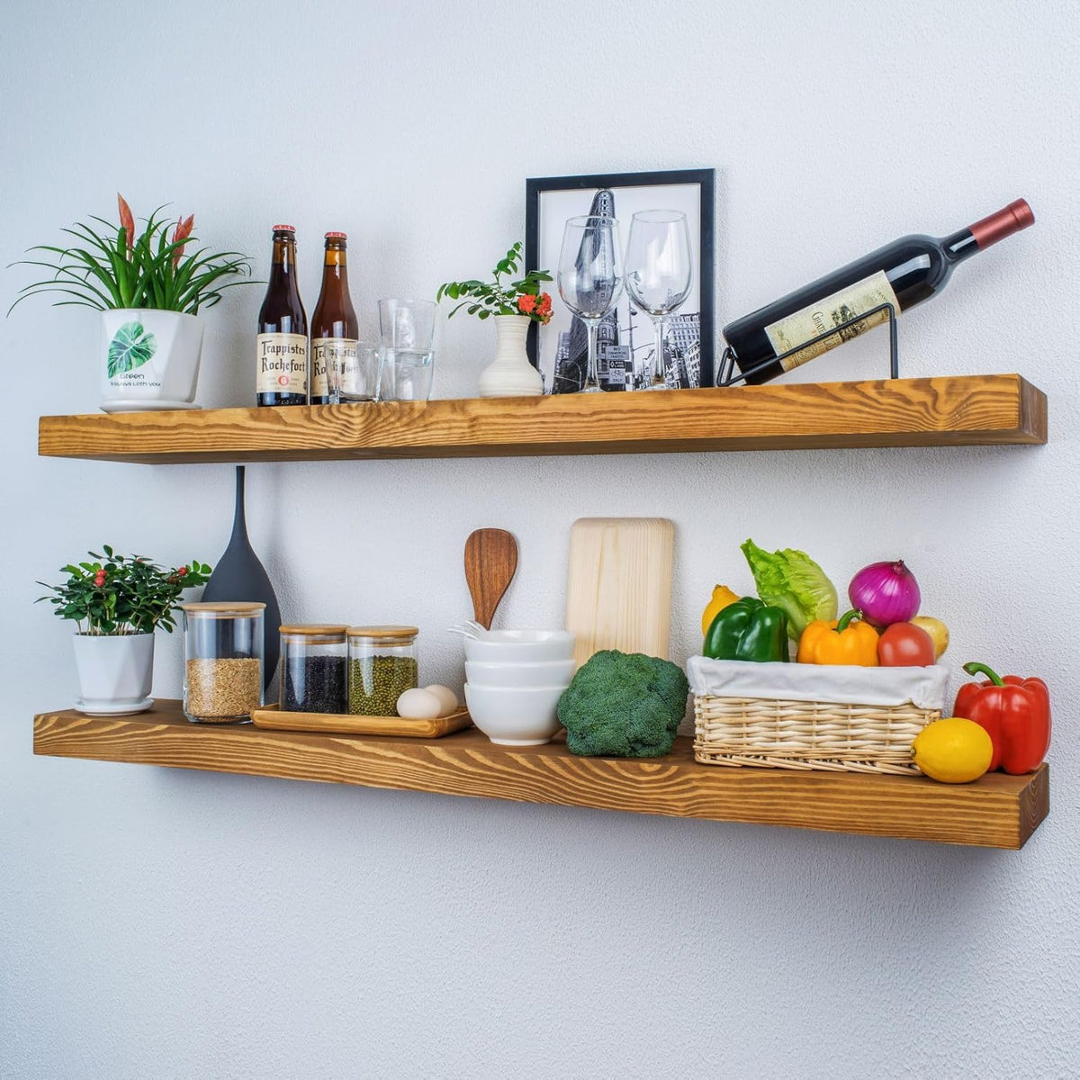 Rustic Floating Shelves 72 inch Long 8 "deep Set of 2, Heavy Duty Wood Wall Mounted Shelves for Bathroom Living Room Kitchen,Book Shelves with Thickened Hidden Bracket- Gold Oak