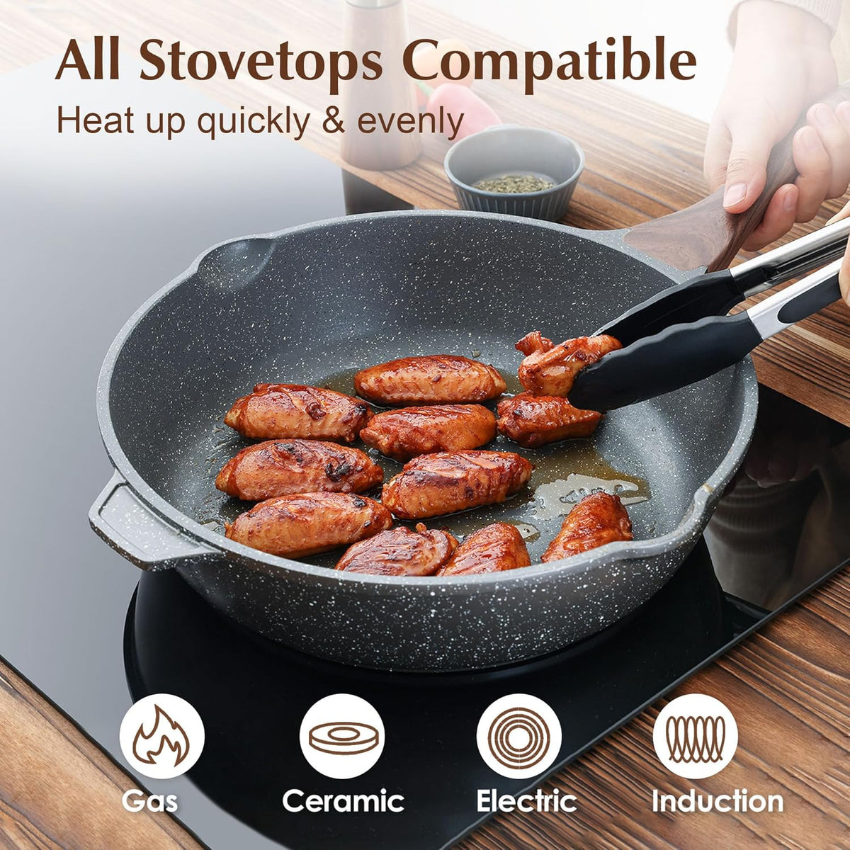 SENSARTE Nonstick Deep Frying Pan Skillet, 12-inch Saute Pan with Lid, Stay-cool Handle, Chef Pan Healthy Stone Cookware Cooking Pan, Induction Compatible, PFOA Free