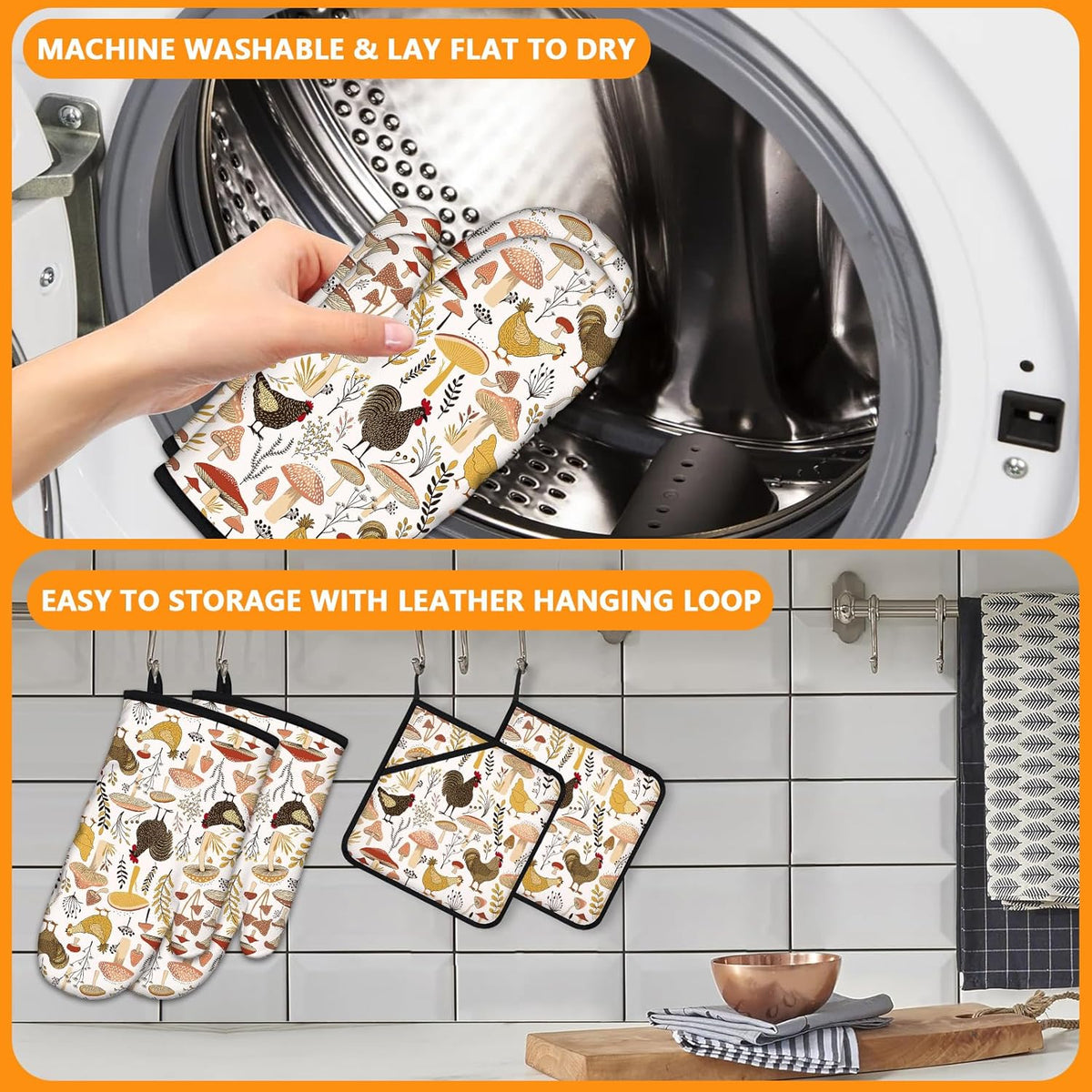 Rooster Oven Mitts and Pot Holders Sets 4Pcs,Extra Long Oven Gloves Potholder for Kitchen Cooking Baking BBQ 100% Cotton Heat Resistant