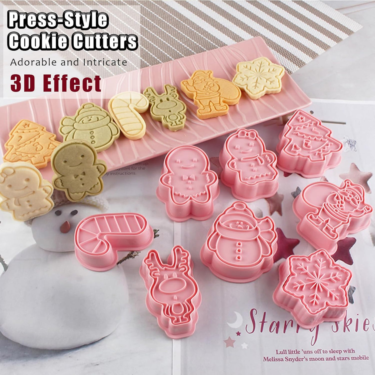 8 Pcs Christmas Cookie Cutters Set Baking Molds 3D Christmas Press type Cookie Cutter for Baking, Fondant, Cheese, and Pastries
