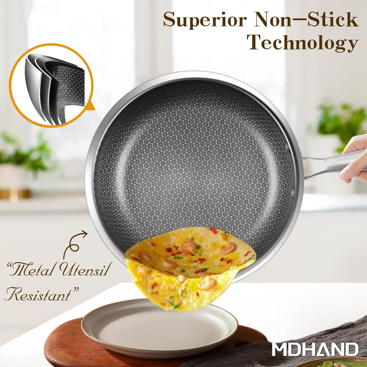 MDHAND 10 Inch Nonstick Frying Pan, Premium Stainless Steel Skillet with Stay-Cool Handle, No Coating, Dishwasher-Friendly, Oven-Safe Induction Ready, Compatible with All Cooktops