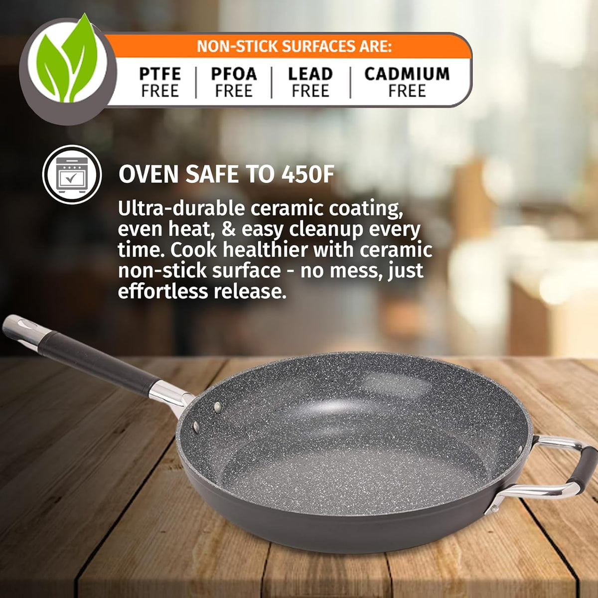 DaTerra Cucina - 13" Nonstick Ceramic Frying Pan - Made in Italy - Oven Safe - High Heat Resistant Nonstick Cookware - PTFE, Cadmium, Lead & PFOA free - Volcanic Black Speckled