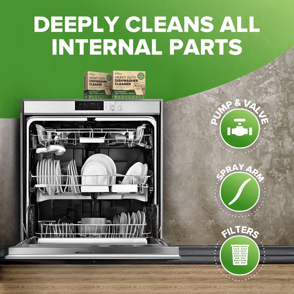 Heavy Duty Dishwasher Cleaner and Deodorizer Tablets, Descaler, Deep Cleaning, Natural Odor and Smell Remover, Calcium, Limescale, Hard Water Marks, Grease, Septic Safe Pods (12 Tabs - 1 Yr Supply)