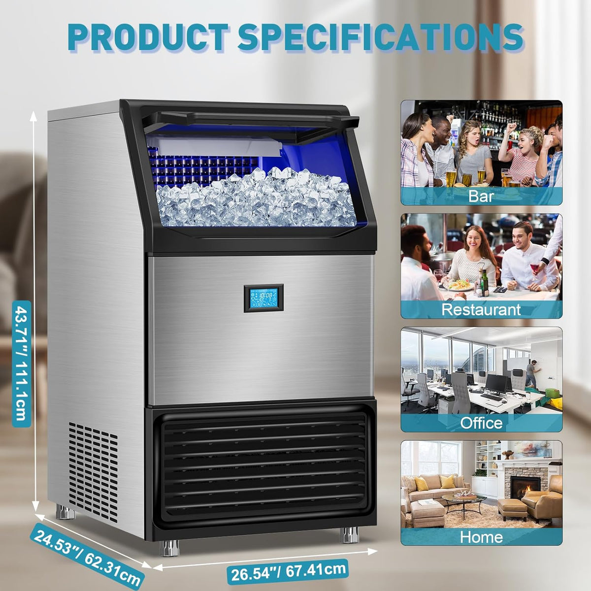 Commercial Ice Maker Machine 550LBS/24H with 185LBS Large Ice Storage Bin, 162Pcs Clear Ice Cubes in 11Mins, Stainless Steel Under Counter Industrial Ice Machine for Bar, Restaurant Business