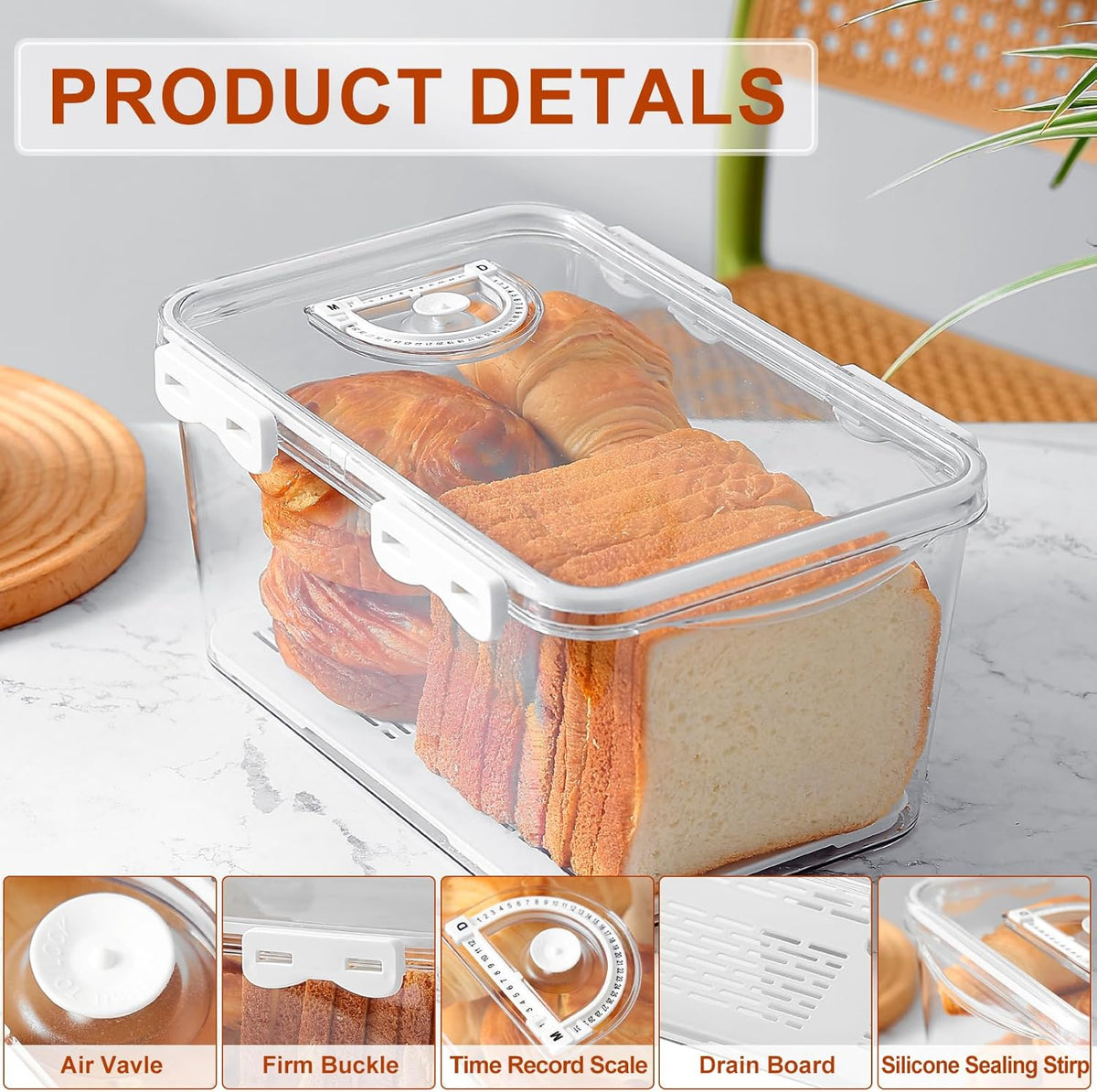Bread Box for Kitchen Countertop, 2 Pack Airtight Bread Storage Container,Time Recording Bread Holder with Lid,Bread Keeper for Homemade Bread, Toast, Bagel, Donut and Cookies(White)
